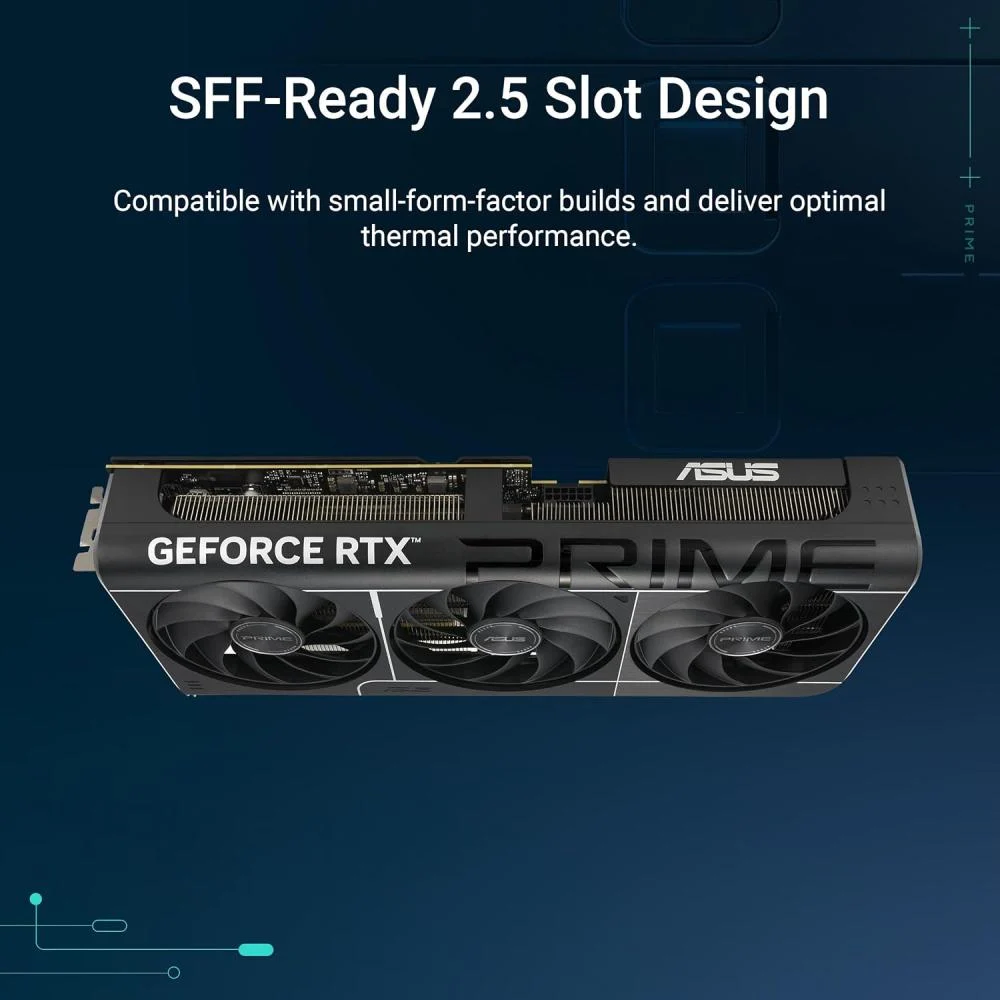 بطاقة رسوميات برايم جي فورس RTX 5070 GDDR7، تدعم منفذ PCIe 5.0، مزودة بمخرج HDMI و منفذ عرض رقمي 2.1 وفتحة 2.5 ومراوح بالتدفق المحوري مناسبة للحواسب ذات الحجم الصغير،12 جيجابايت، من اسوس