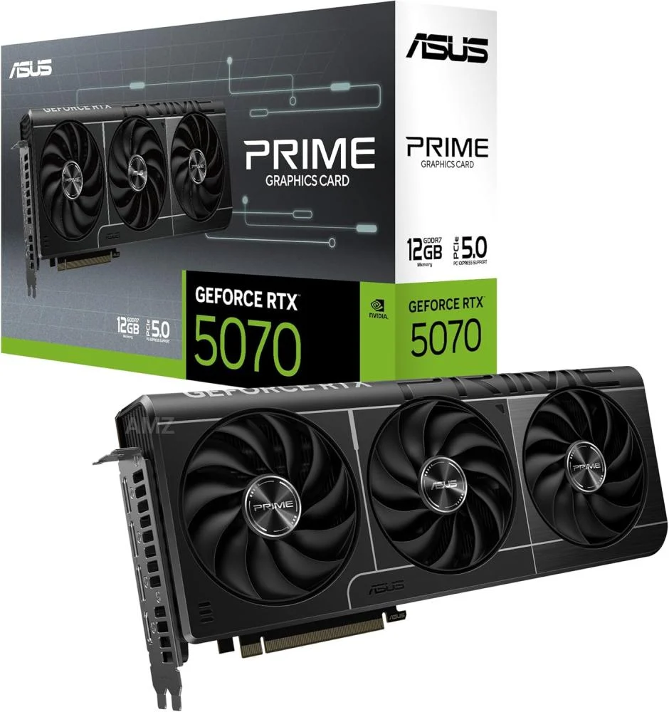 بطاقة رسوميات برايم جي فورس RTX 5070 GDDR7، تدعم منفذ PCIe 5.0، مزودة بمخرج HDMI و منفذ عرض رقمي 2.1 وفتحة 2.5 ومراوح بالتدفق المحوري مناسبة للحواسب ذات الحجم الصغير،12 جيجابايت، من اسوس