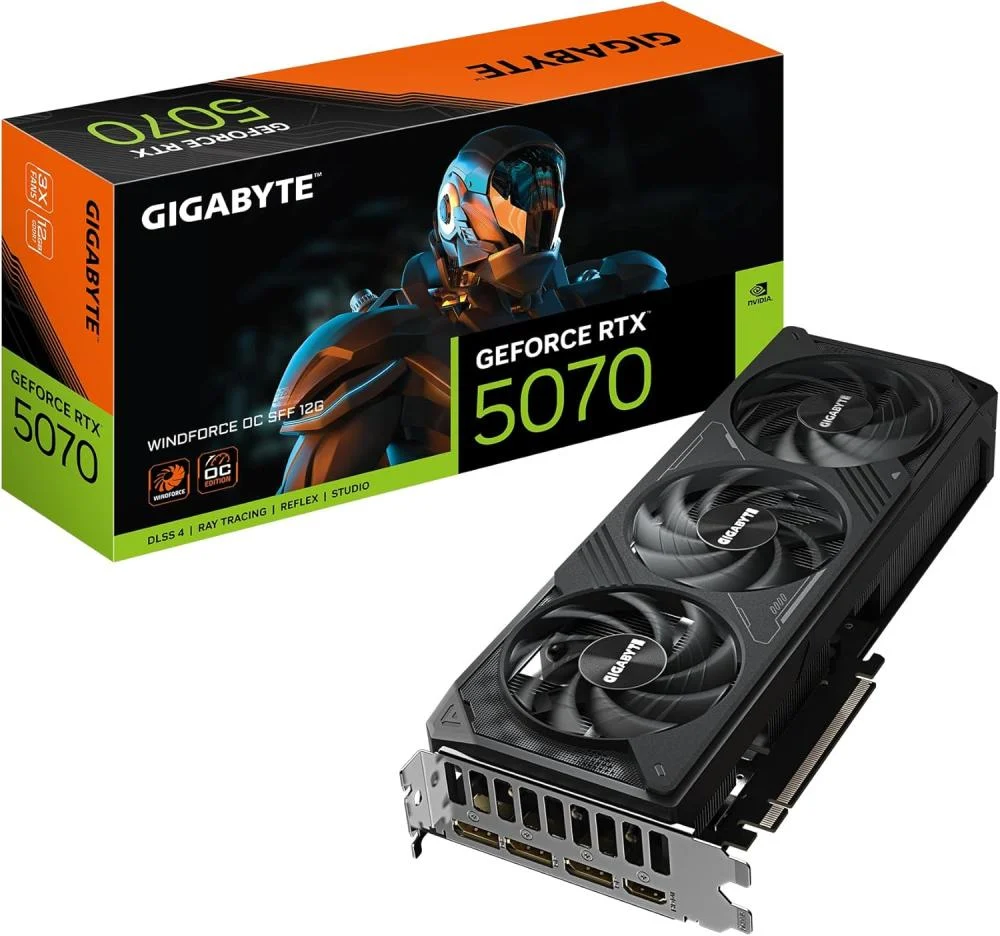بطاقة رسومات جيفورس RTX 5070 ويندفورس معالج لزيادة السرعة 12 جيجابايت - 16 GB GDDR7، 256 بت، PCI-E 5.0، 2542 ميجاهرتز، 3 × منفذ عرض 2.1a، 1 × HDMI 2.1b، انفيديا DLSS 4، GV-N5070WF3OC-12GD من جيجابايت