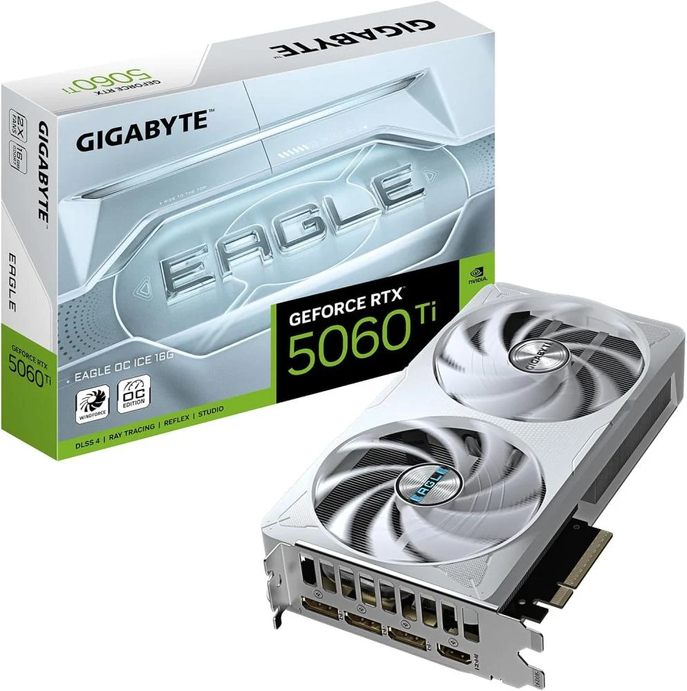 بطاقة رسومات جيفورس RTX 5060 Ti ايجل او سي ايس 16G - 16GB GDDR7، 128 بت، منفذ PCI-E 5.0، 2617MHz، 3 × منفذ عرض، 1 × HDMI، GV-N506TEAGLEOC ICE-16GD من جيجابايت